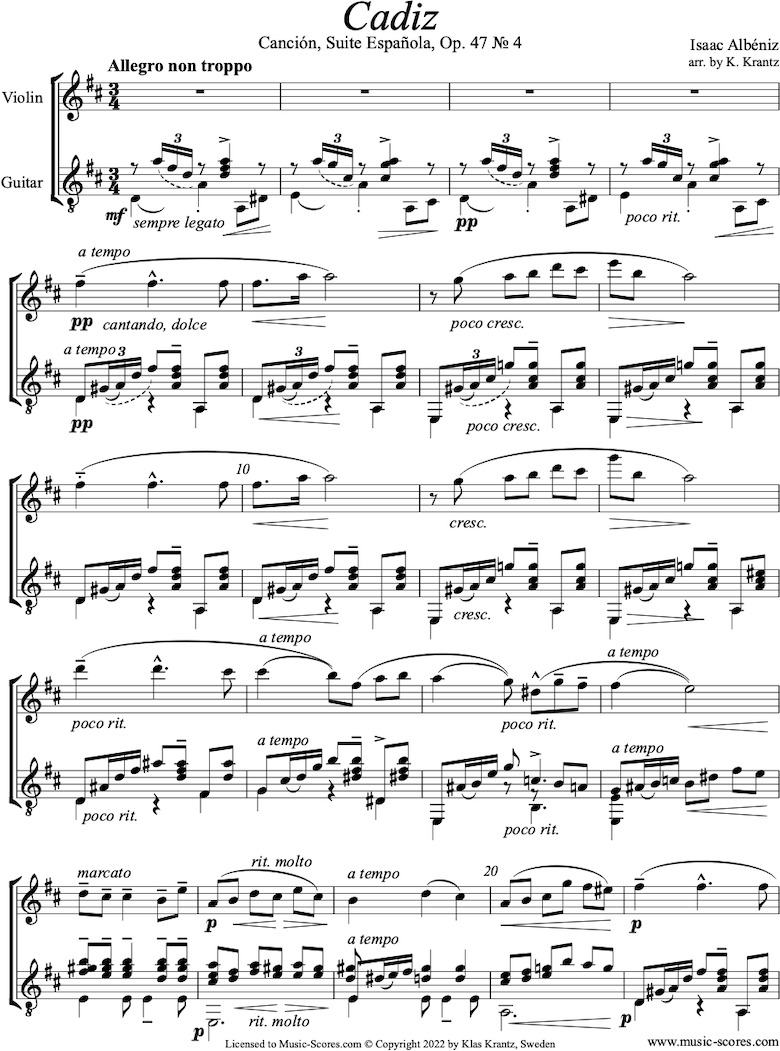 Front page of Op.47, No.4 Cadiz: Violin, Guitar sheet music