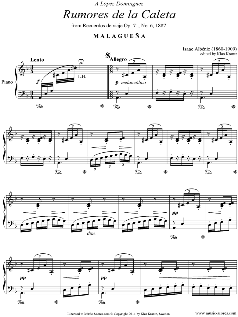 Front page of Malaguena: Op.71, No.6: Piano sheet music