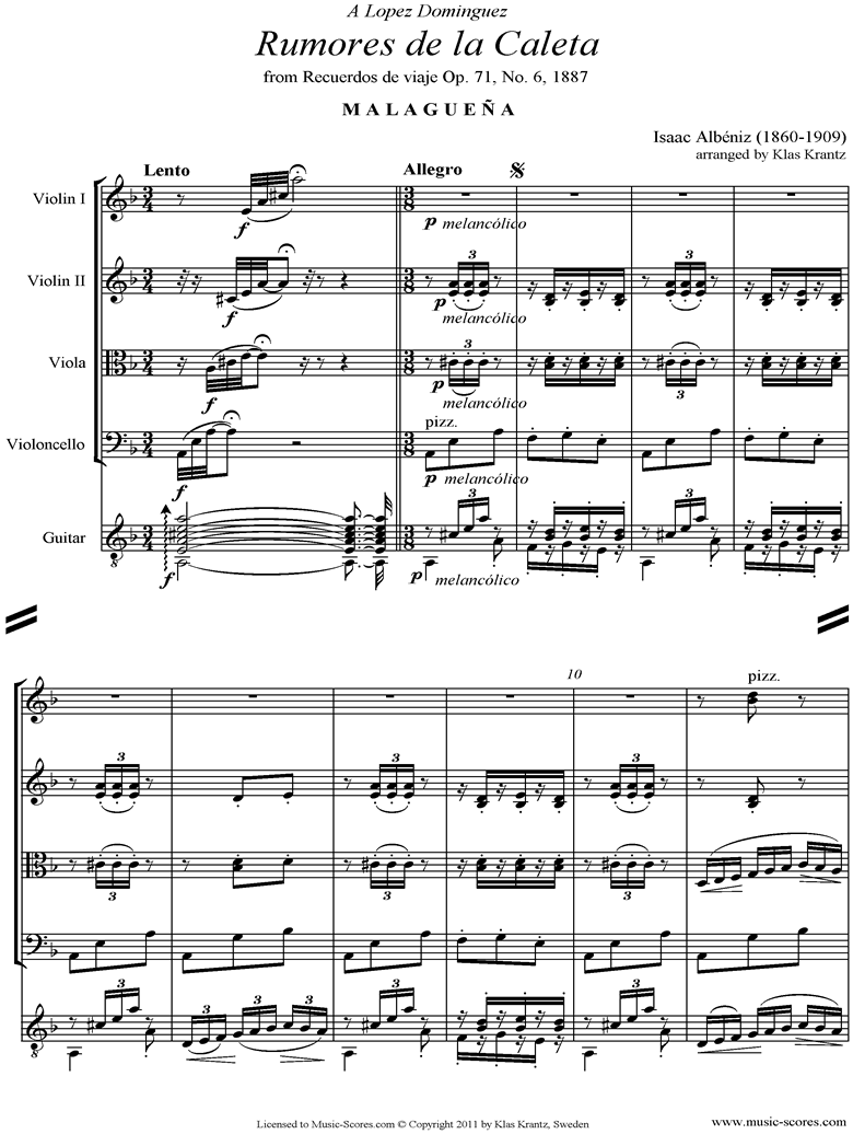 Front page of Malaguena: Op.71, No.6: String Quartet, Guitar sheet music