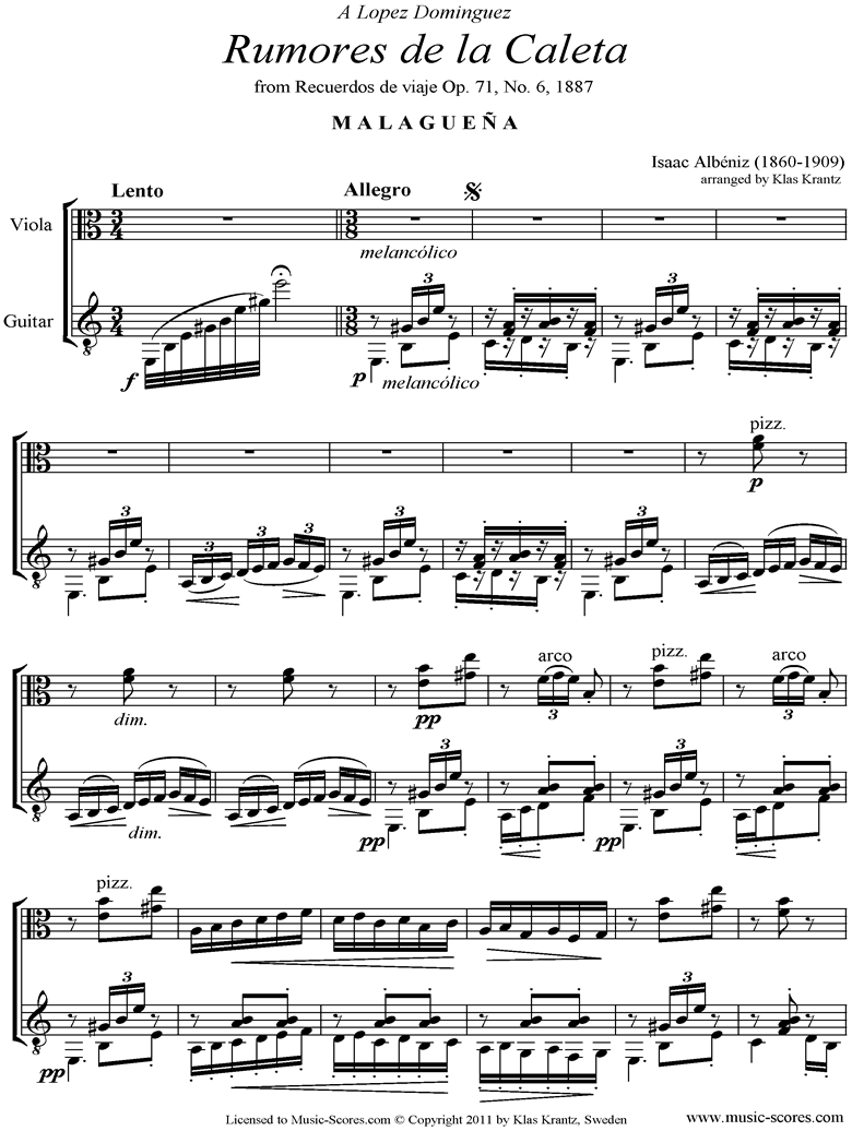 Front page of Malaguena: Op.71, No.6: Viola, Guitar sheet music
