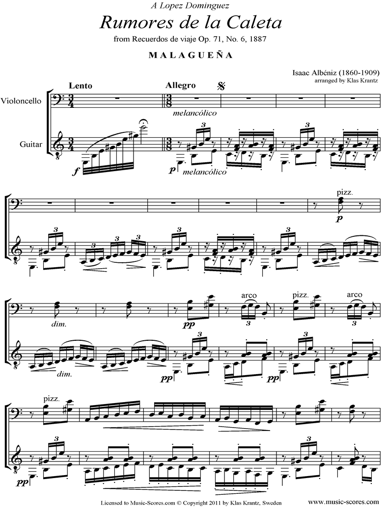 Front page of Malaguena: Op.71, No.6: Cello, Guitar sheet music