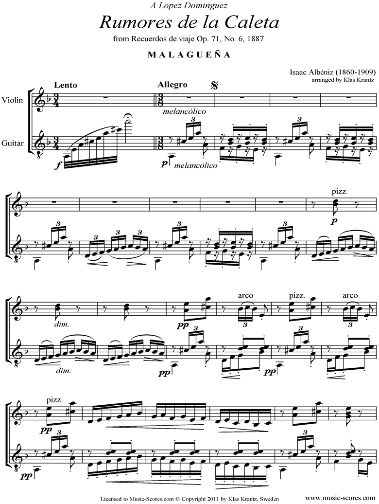 Front page of Malaguena: Op.71, No.6: Violin, Guitar sheet music