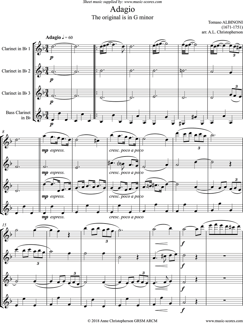 Front page of Adagio in G minor theme for Clarinet Quartet sheet music