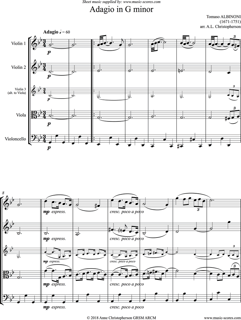 Front page of Adagio in G minor theme for String Quartet sheet music