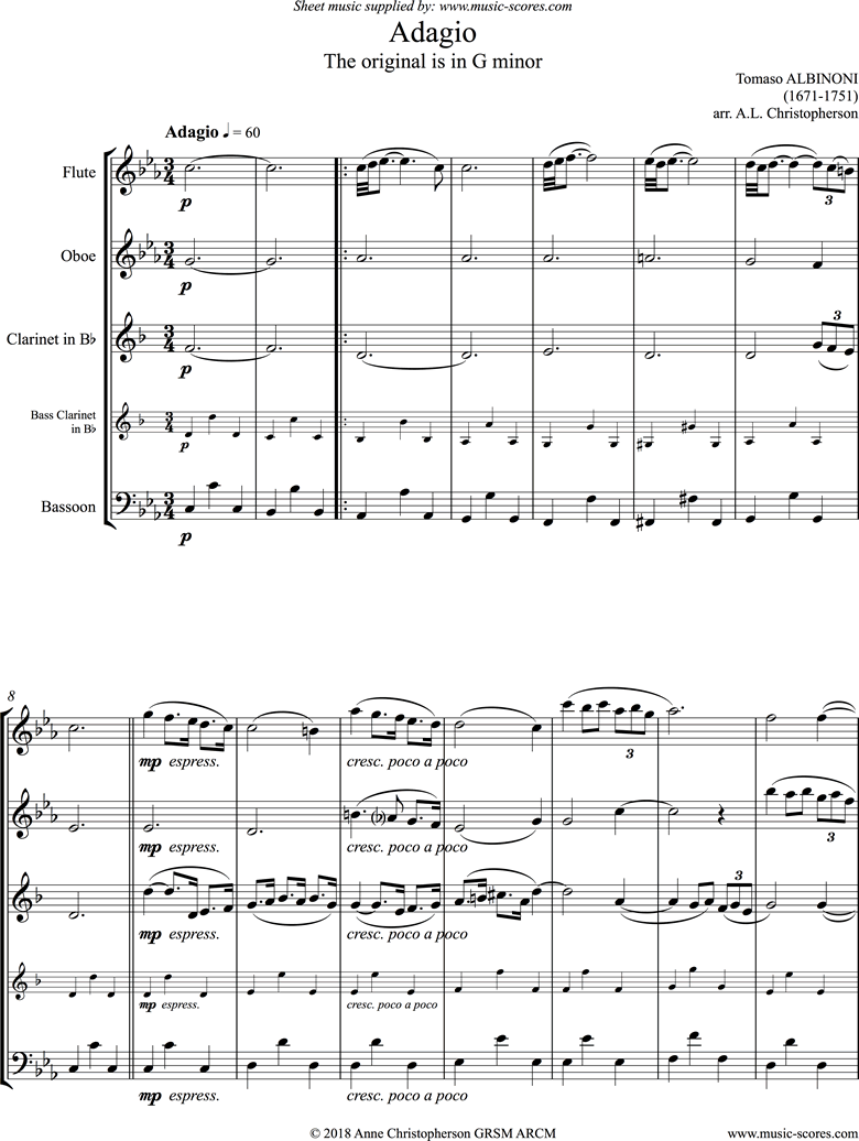 Front page of Adagio in G minor theme for Flute, Oboe, Clarinet, and Bass Clarinet or Bassoon sheet music