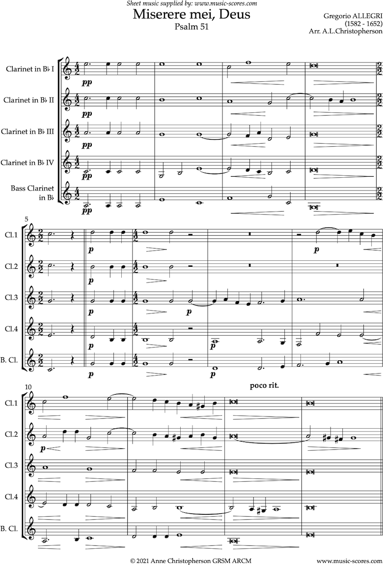 Front page of Miserere mei, Deus: Clarinet quintet sheet music