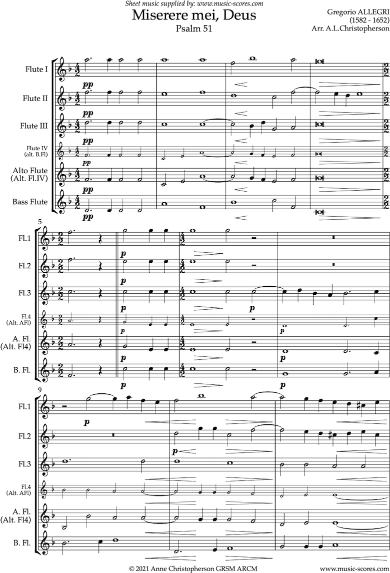 Front page of Miserere mei, Deus: Flute quintet sheet music