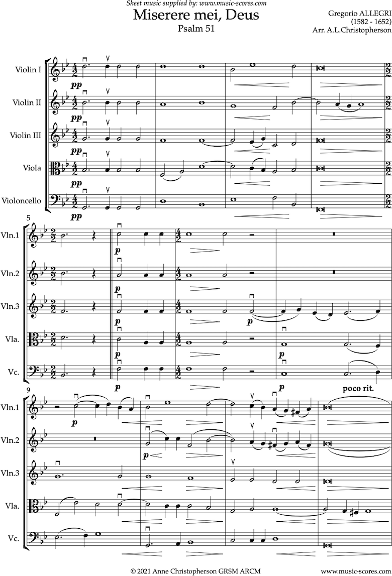 Front page of Miserere mei, Deus: String Quintet sheet music
