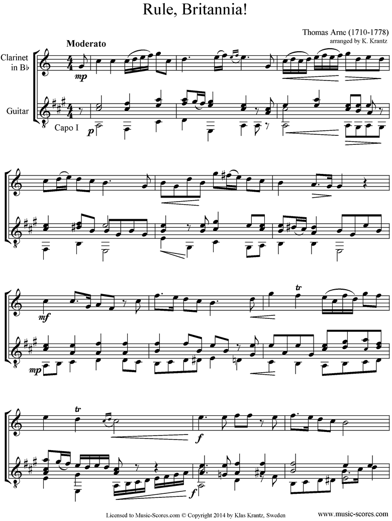 Front page of Rule Britannia: Clarinet, Guitar sheet music