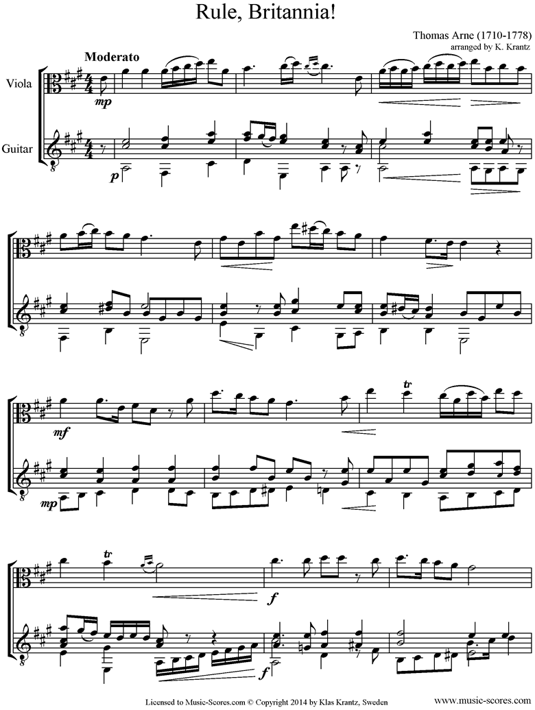 Front page of Rule Britannia: Viola, Guitar sheet music