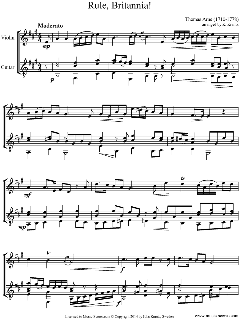 Front page of Rule Britannia: Violin, Guitar sheet music