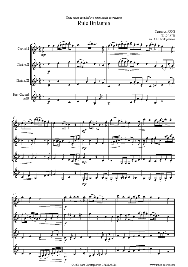 Front page of Rule Britannia: 3 Clarinets and Bass Clarinet sheet music