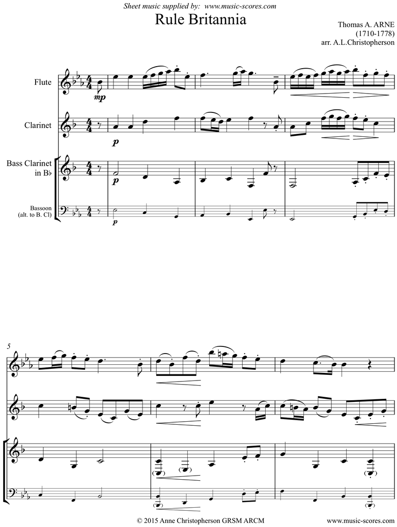 Front page of Rule Britannia: Flute, Clarinet, Bass Clarinet or Bassoon sheet music