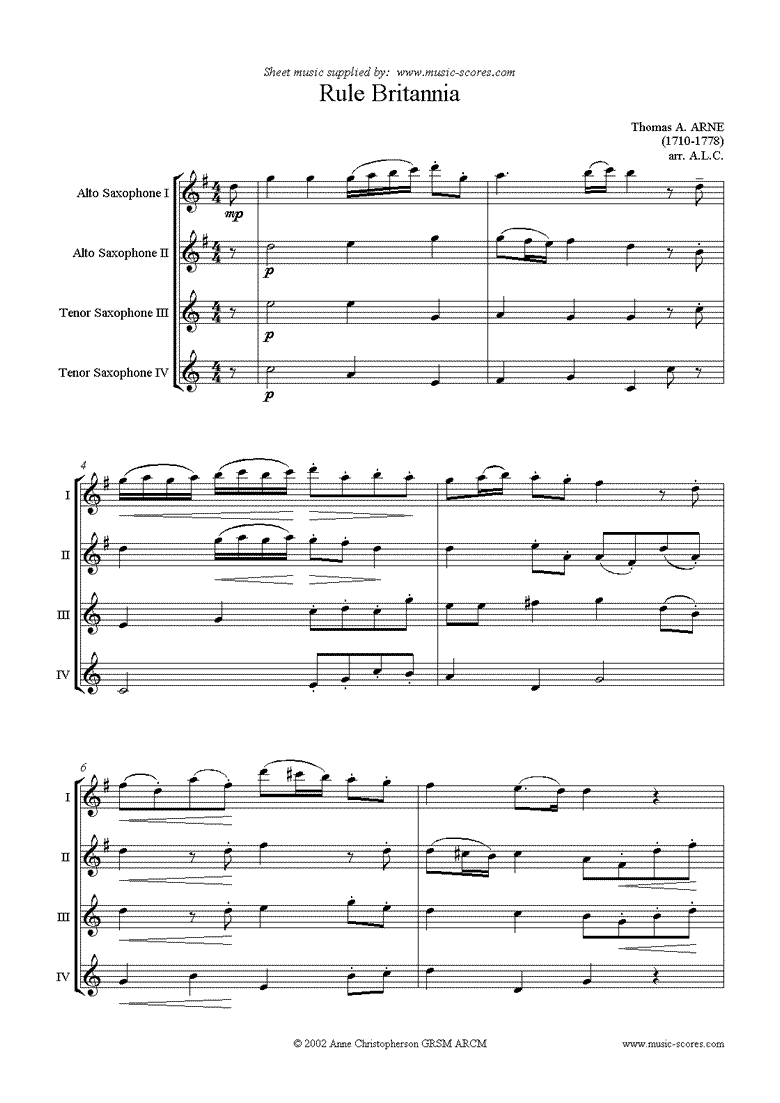 Front page of Rule Britannia: 2 Alto, 2 Tenor Saxes sheet music