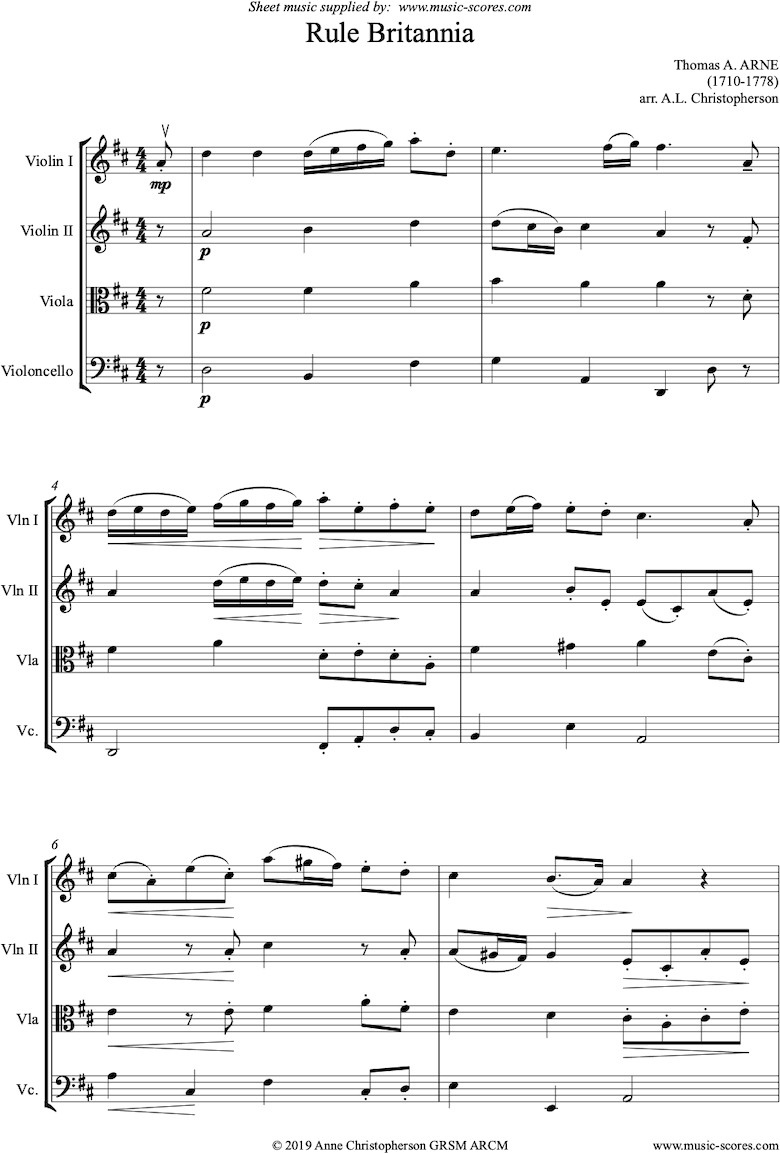 Front page of Rule Britannia: String Quartet sheet music