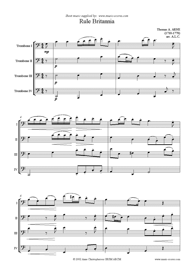 Front page of Rule Britannia: 4 Trombones sheet music