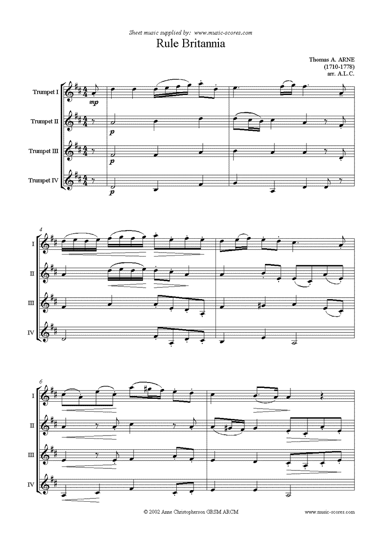 Front page of Rule Britannia: 4 Trumpets sheet music