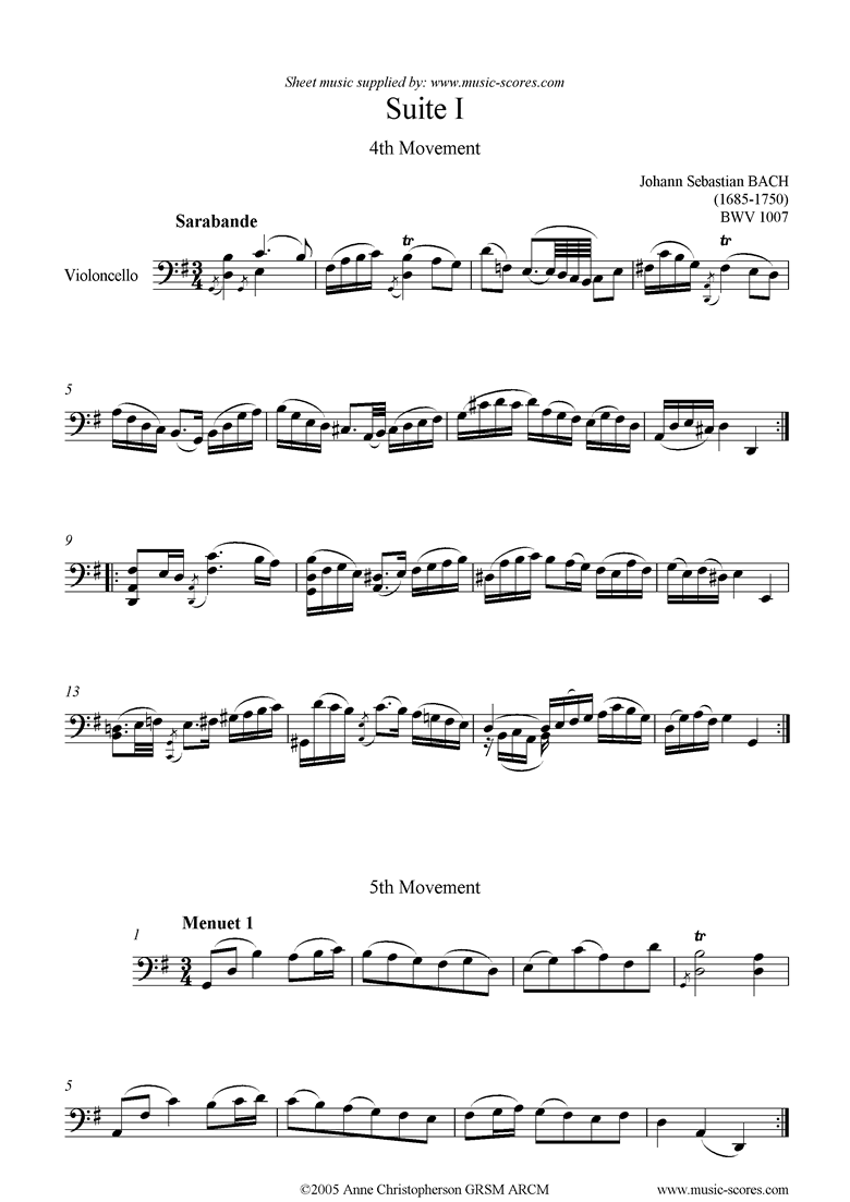 Front page of bwv 1007 Cello Suite No.1: 4,5: Sarabande, Minuets sheet music