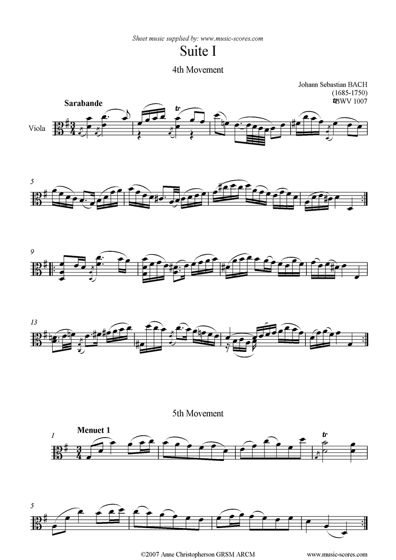 Front page of bwv 1007 Suite No.1: 4, 5: Sarabande, Minuets Viola sheet music