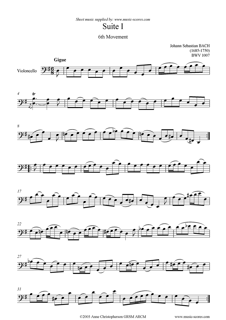 Front page of bwv 1007 Cello Suite No.1: 6th mvt: Gigue sheet music