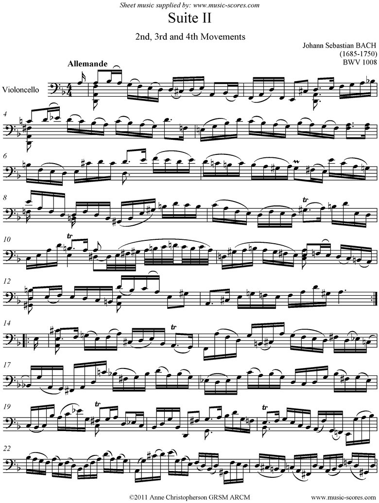 Front page of bwv 1008 Cello Suite No.2: 1st, 2nd, 3rd mvts: Allemande, Courante, Sarabande sheet music
