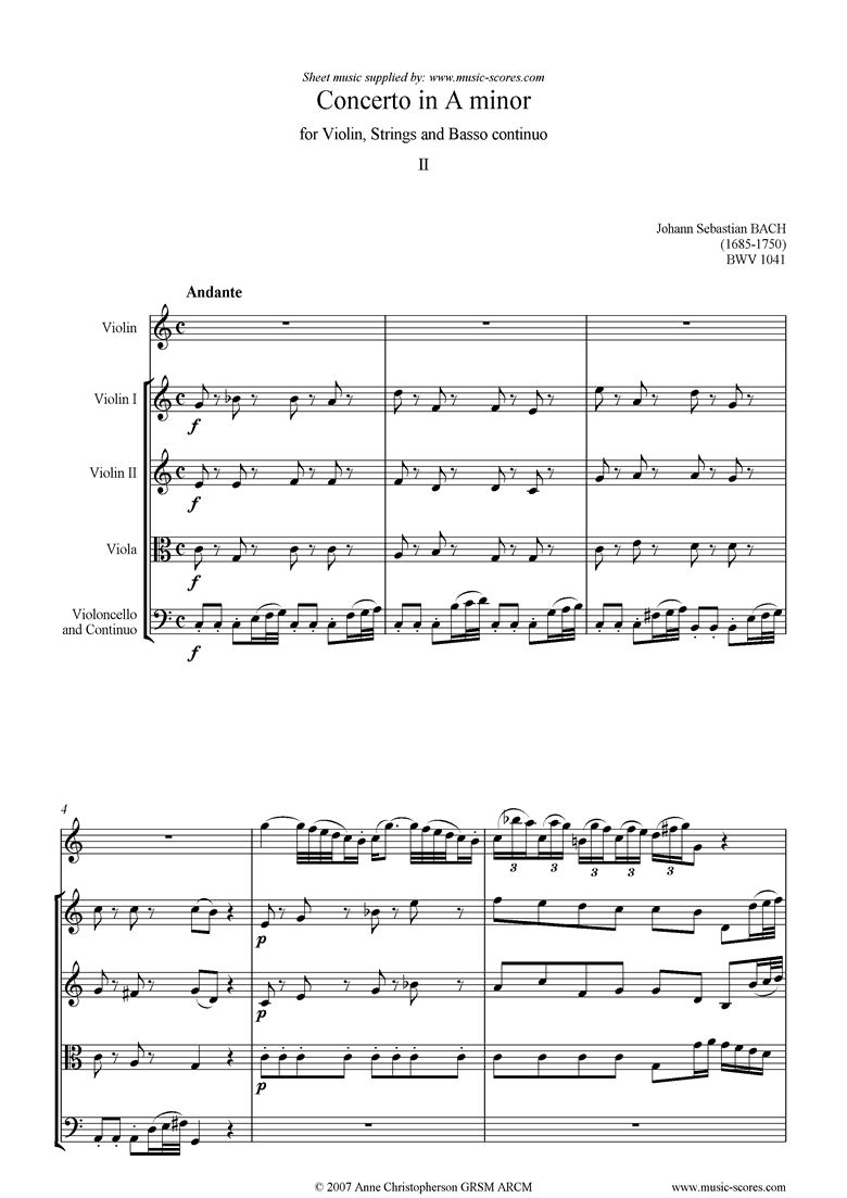 Front page of bwv 1041: 1st Violin Concerto: 2nd mvt Andante sheet music
