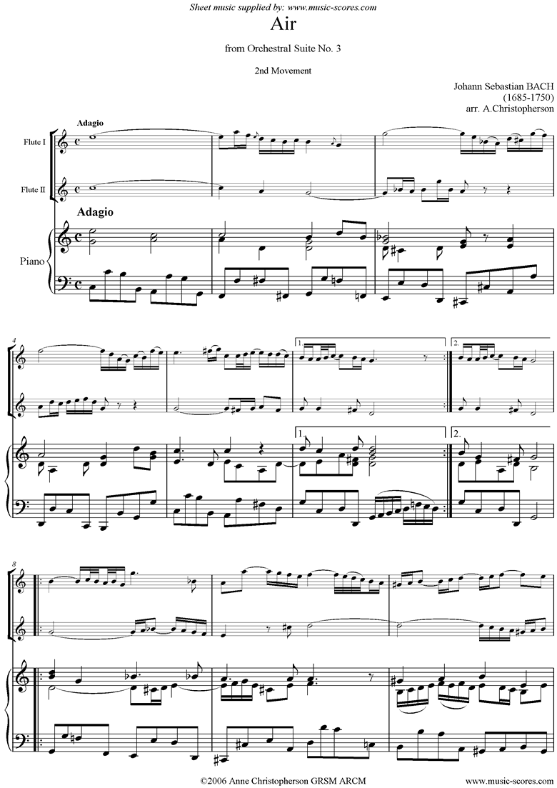 Front page of bwv 1068: Air on G for 2 flutes and piano. sheet music