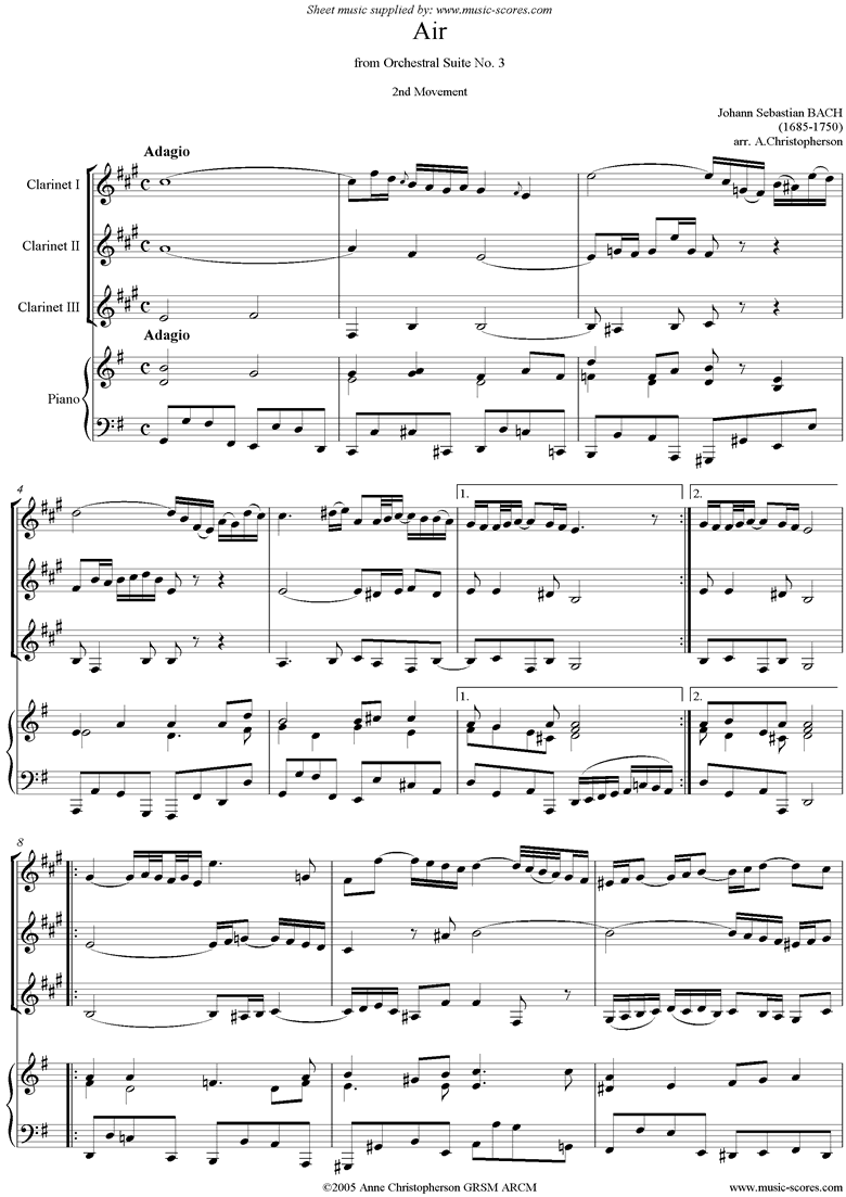 Front page of bwv 1068: Air on G: 3 Clarinets and Piano: G ma sheet music