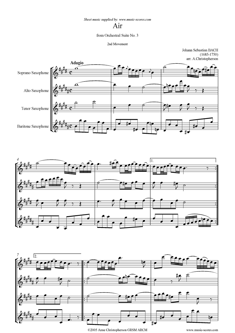 Front page of bwv 1068: Air on G: Sax 4: Soprano, Alto, Tenor, Bari: D ma sheet music