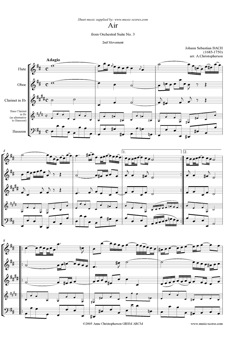 Front page of bwv 1068: Air on G: wind 4: fl, ob, cl, fg or bass cl: D ma sheet music