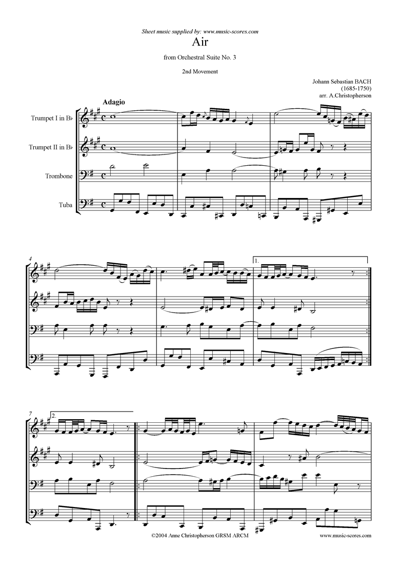 Front page of bwv 1068: Air on G: brass 4: 2 trumpets, trombone, tba: G ma sheet music