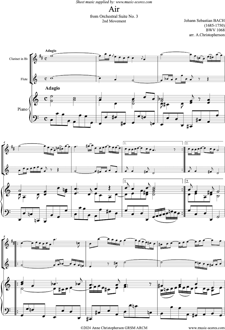 bwv 1068: Air on G: Clarinet, Flute and Piano: by Bach