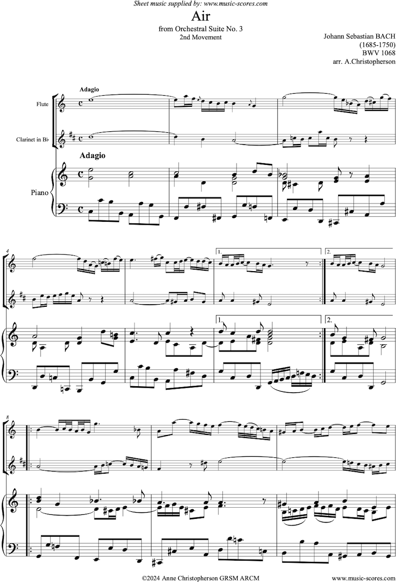 bwv 1068: Air on G: Flute, Clarinet and Piano: by Bach
