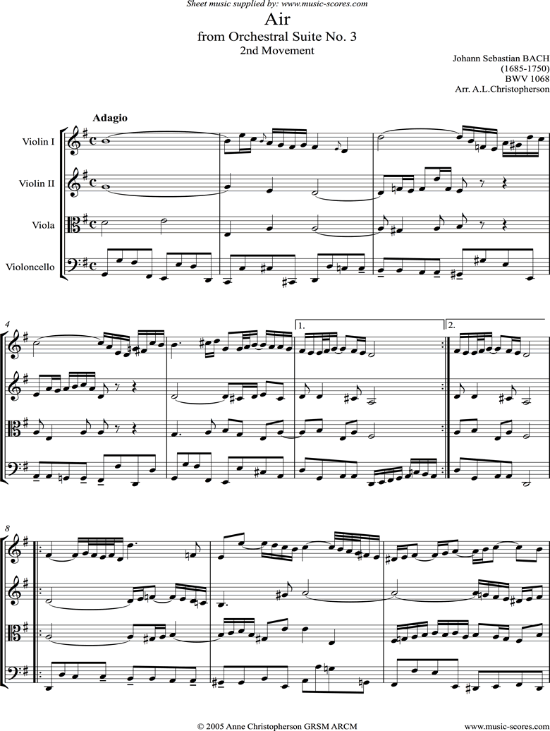 Front page of bwv 1068: Air on G: string 4: 2 violins, viola, cello: G ma sheet music