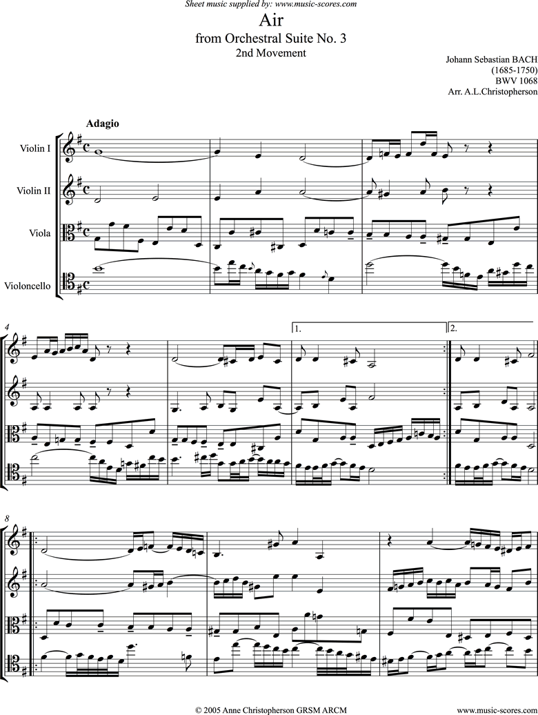 Front page of bwv 1068: Air on G: string 4: 2 violins, viola, cello solo sheet music