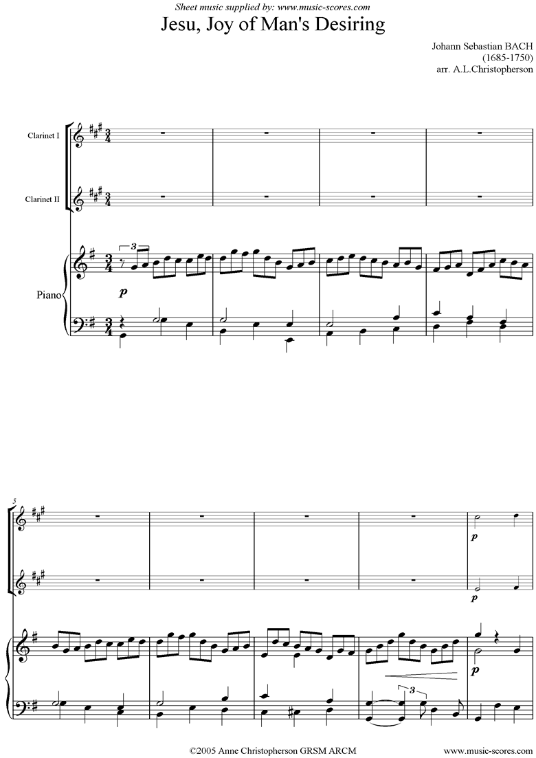 Jesu, Joy: Church Cantata No.147: 2 Cl, Pno by Bach