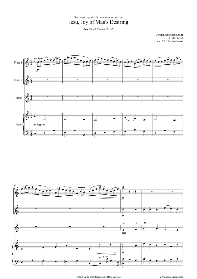 Jesu, Joy: Church Cantata No.147: 2 Fl, Vn, Pno by Bach