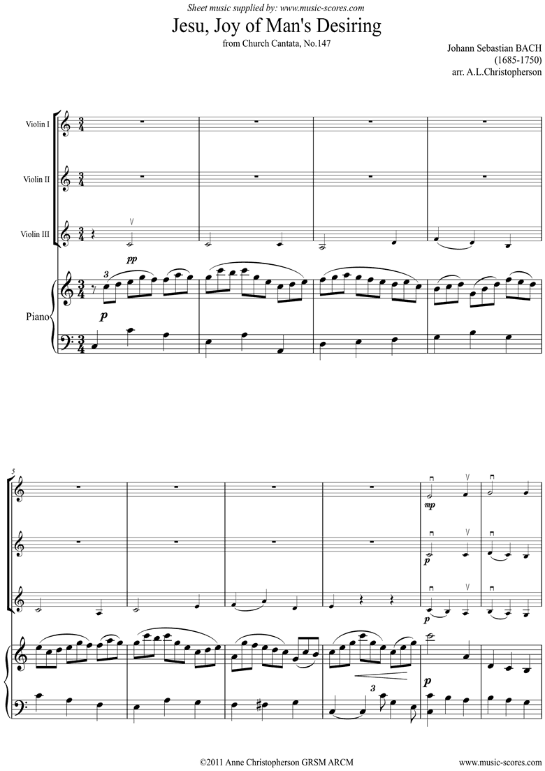 Jesu, Joy: Church Cantata No.147: 3 Vns, Pno by Bach