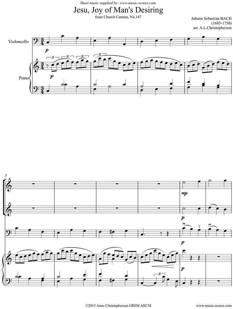 Front page of Jesu, Joy: Church Cantata No.147: Flute, Clarinet, Cello, Piano sheet music