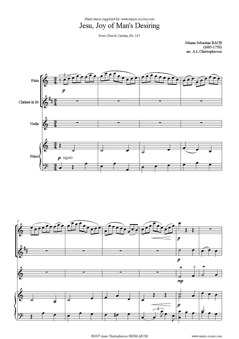 Front page of Jesu, Joy: Church Cantata No.147:Fl, Cl, Vn, Pno sheet music