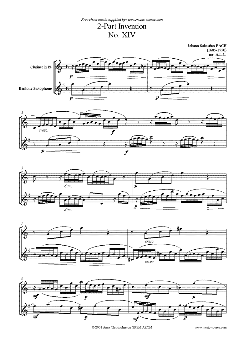 Front page of Two Part Invention No. 14: Clarinet, Baritone Sax sheet music