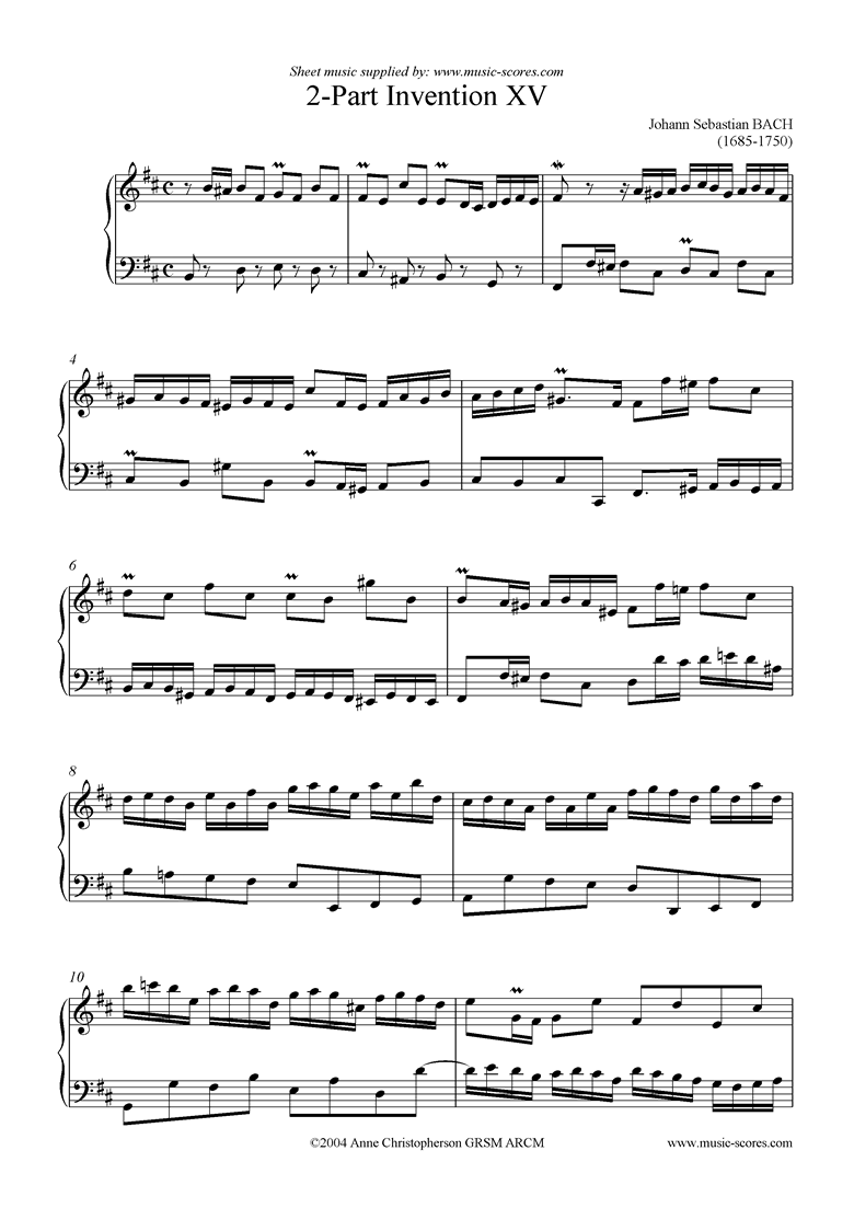 Front page of Two Part Invention No. 15 sheet music