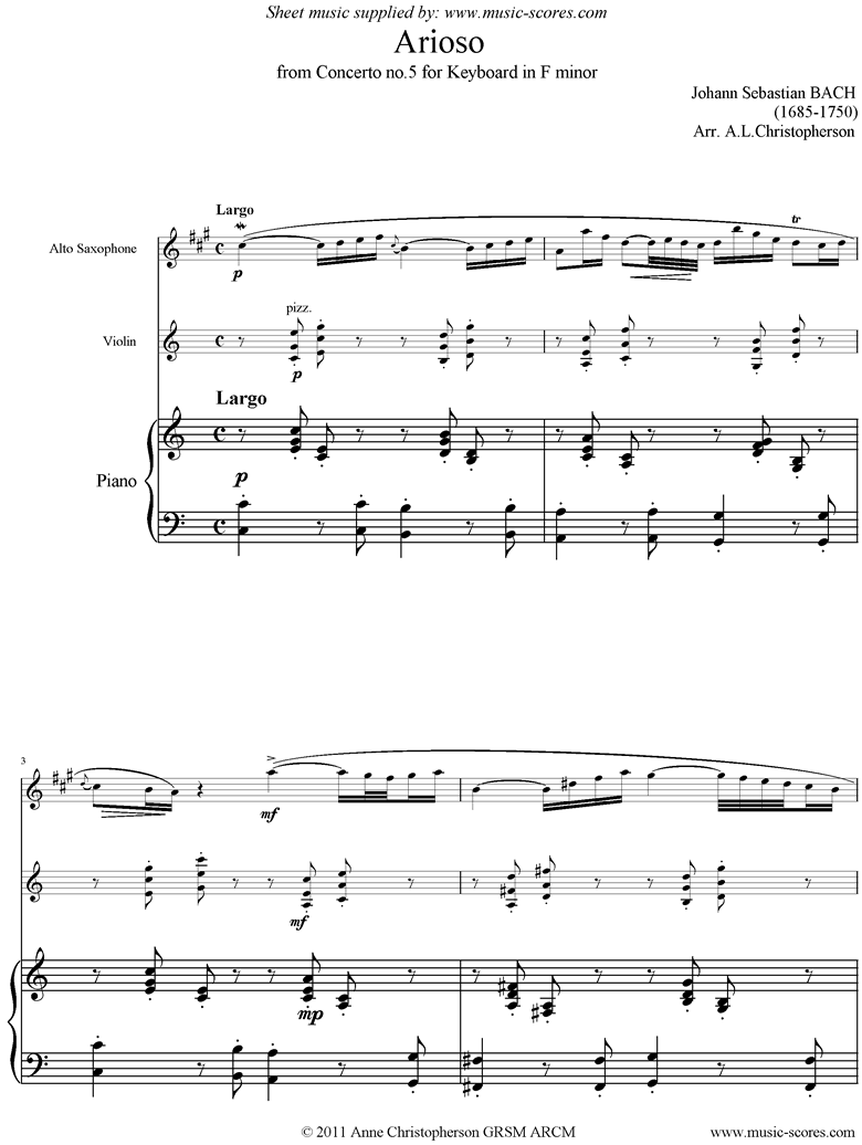 Front page of Cantata 156, 5th Concerto: Arioso: Alto Sax, Violin, Piano sheet music