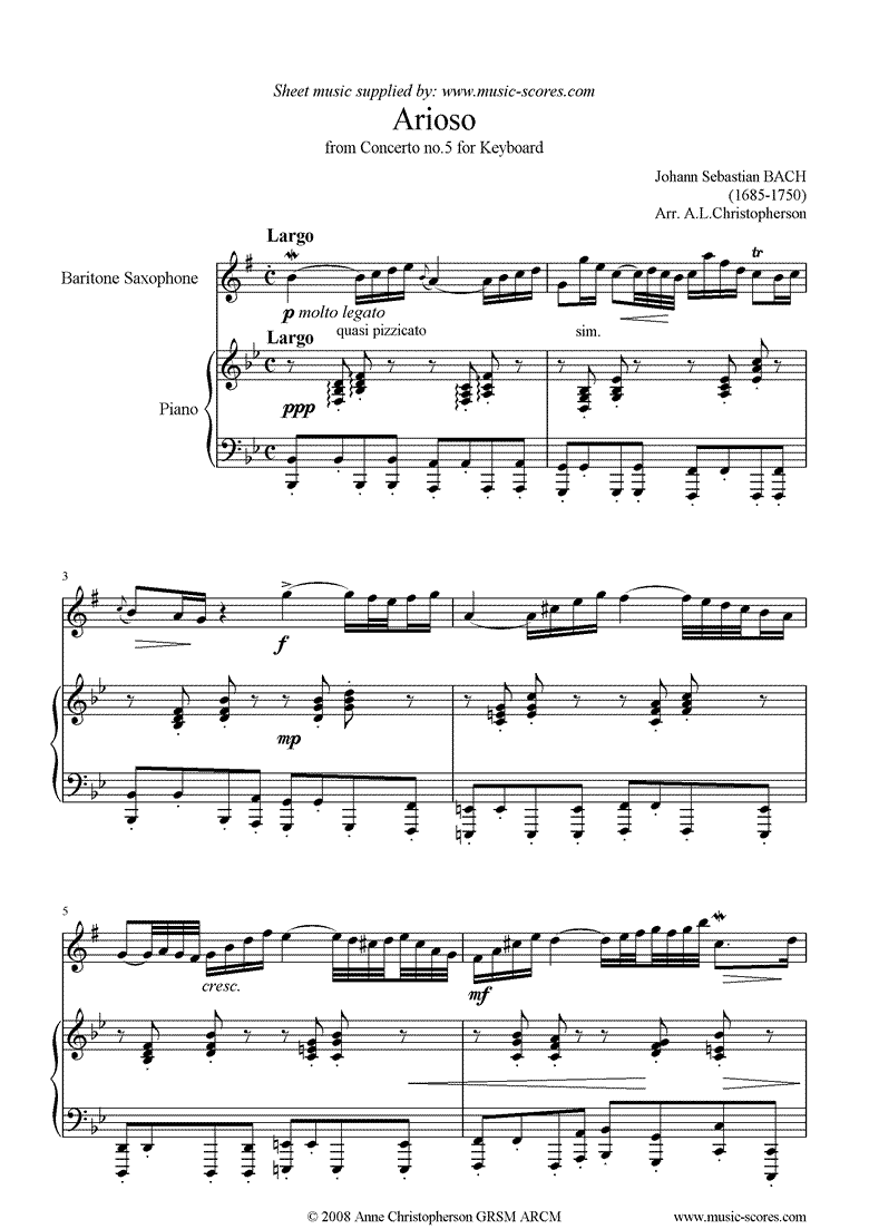 Front page of Cantata 156, 5th Concerto: Arioso: Bari Saxophone sheet music