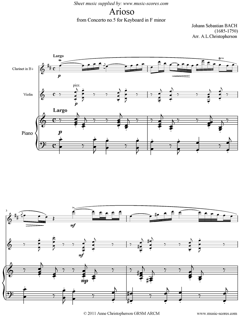 Bach. Cantata 156 5th Concerto Arioso Clarinet Violin Piano classical sheet music