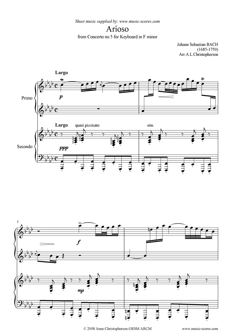 Front page of Cantata 156, 5th Concerto: Arioso: Piano Duet sheet music