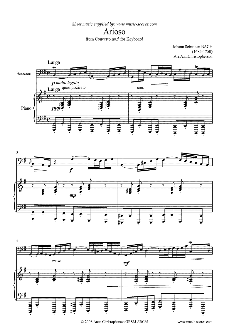 Front page of Cantata 156, 5th Concerto: Arioso: Bassoon sheet music