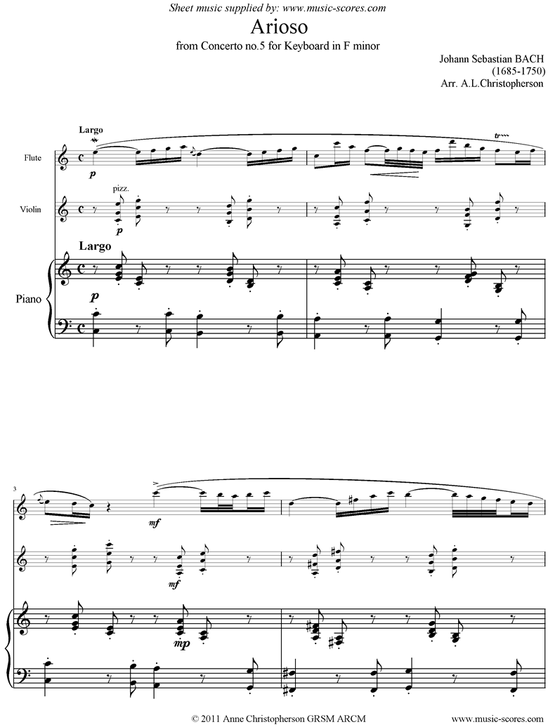 Front page of Cantata 156, 5th Concerto: Arioso: Flute, Violin, Piano sheet music