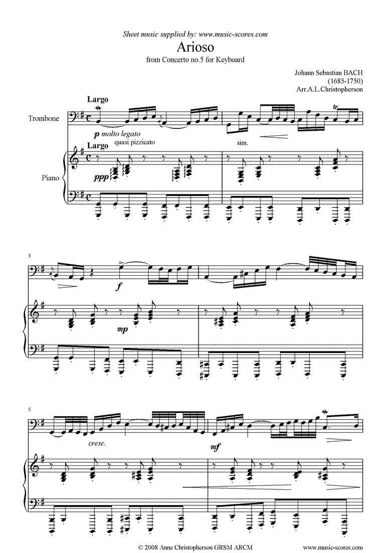 Front page of Cantata 156, 5th Concerto: Arioso: Trombone sheet music