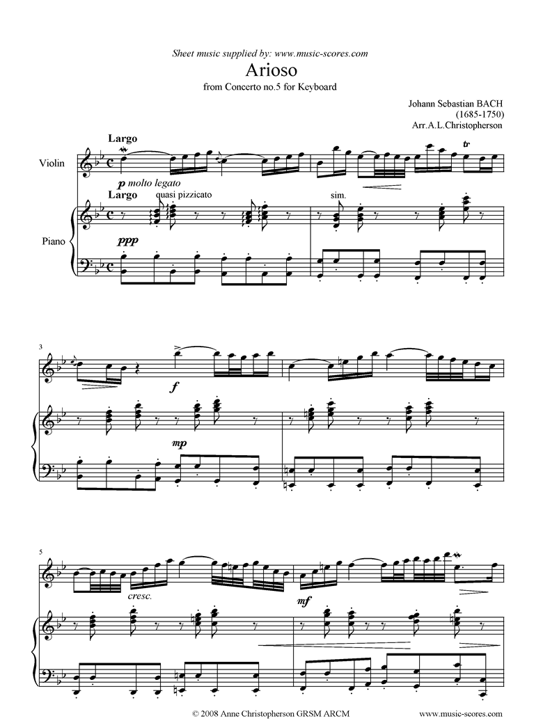 Front page of Cantata 156, 5th Concerto: Arioso: Violin: Bb sheet music